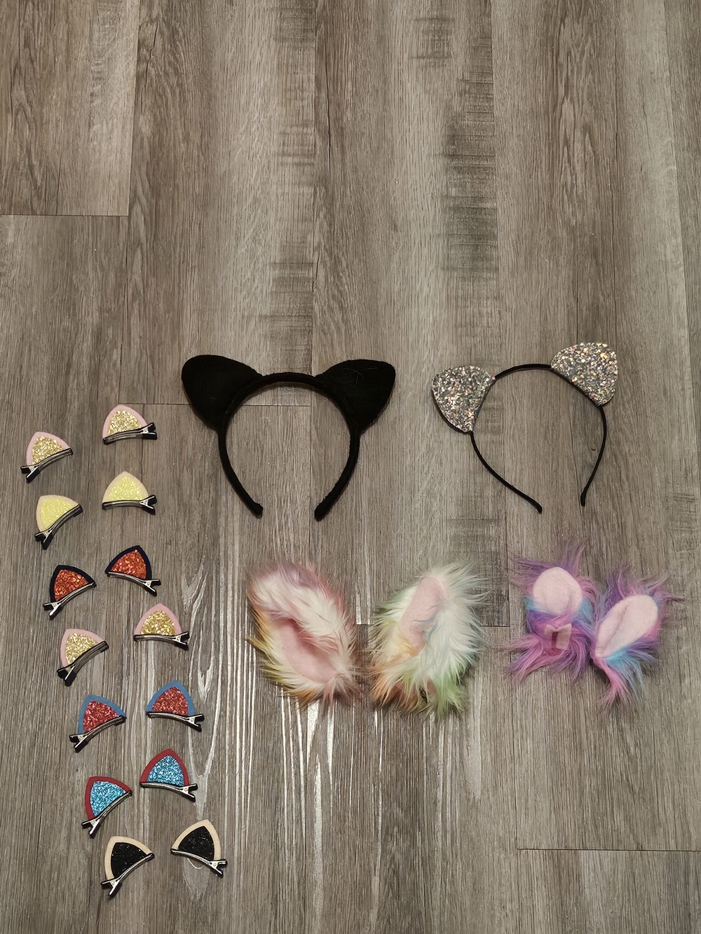 Assorted Cat Ear Headbands & Clips Set - Black, Glitter, Pastel Fur